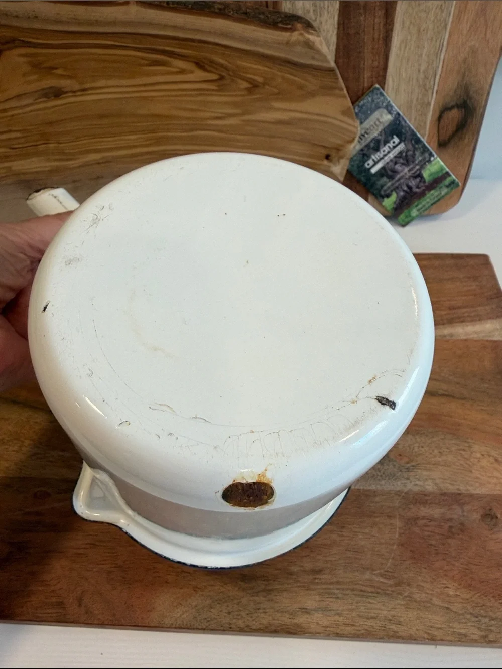 Vintage European White Enamel Milk Pan with Blue Rim